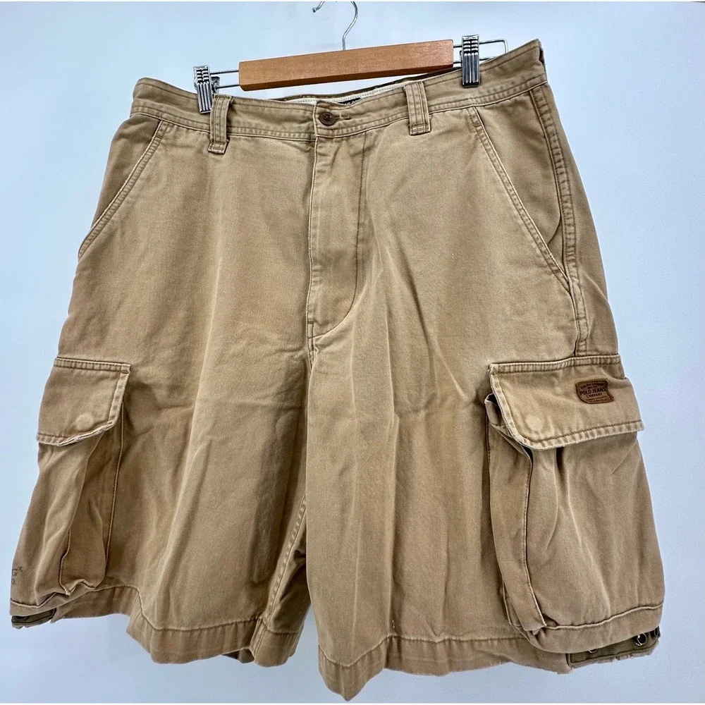 VTG Polo Jeans Co Ralph Lauren Mens 33‎ Tan Military Cargo Shorts 67th Reg RL Co